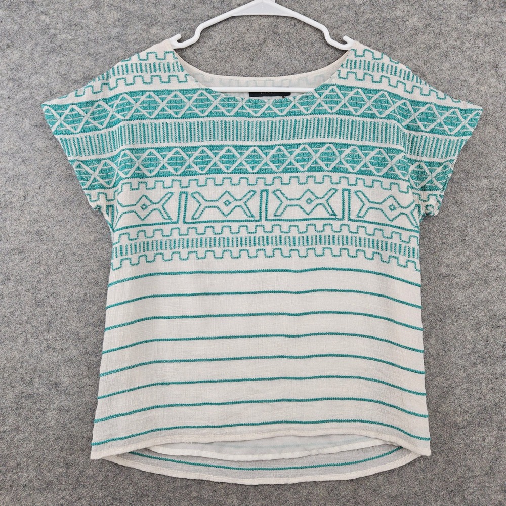 THML Embroidered Blouse Women's Size Small Teal Cream Geometric Short Sleeve